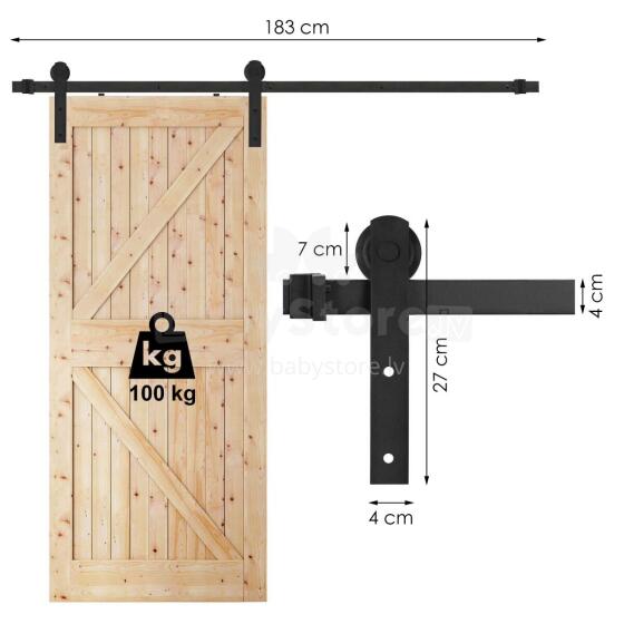 Stumdomų durų sistema Springos HA5009, 183 cm, bėgelis iki 100 kg, barn door, plienas, juoda