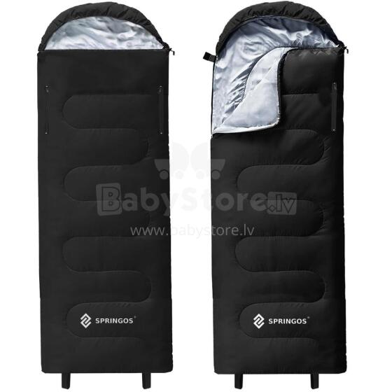 2-in-1 turistinis miegmaišis Springos CS0122, 220x80 cm, šilta stovyklavimo antklodė, juodai-pilka