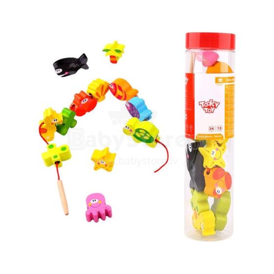 TOOKY TOY mediniai karoliukų siūlų vėrimo kaladėlės, jūros gyvūnai, 13 vnt.