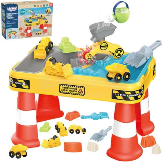 WOOPIE vandens stalas 2in1 smėlio dėžė statybvietė + 4 automobiliai, 12 vnt.