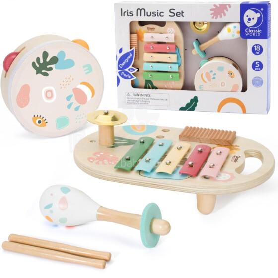 CLASSIC WORLD Vaikiškų muzikos instrumentų rinkinys: cimbolai, būgnų barškutis, 5 vnt.
