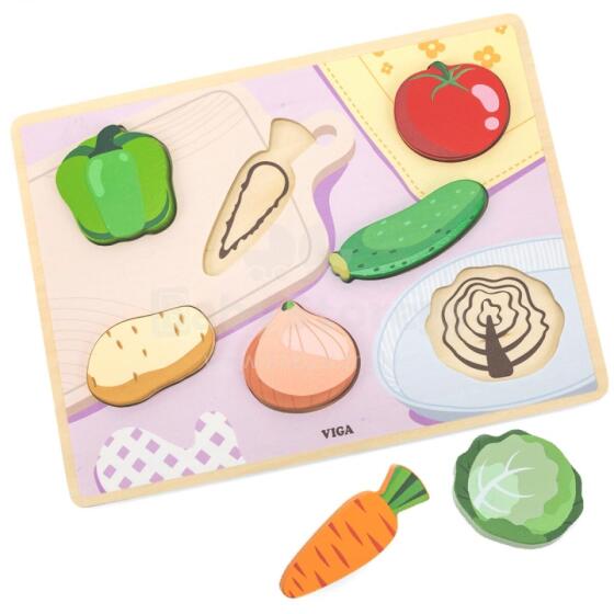 VIGA Medinė dėlionė Montessori 2in1 dėlionė Daržovės