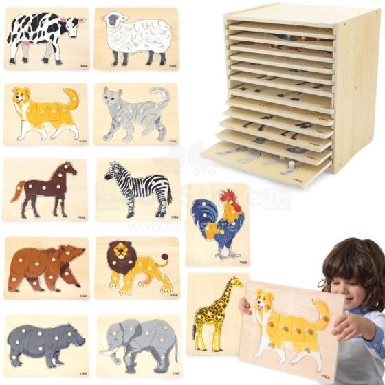 VIGA medinių dėlionių rinkinys, 12 Montessori gyvūnų dėlionių + stovas