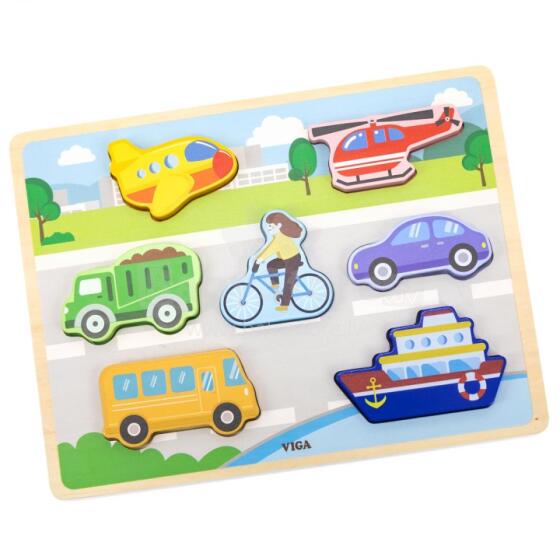 VIGA medinė dėlionė Montessori 2in1 dėlionė transporto priemonės