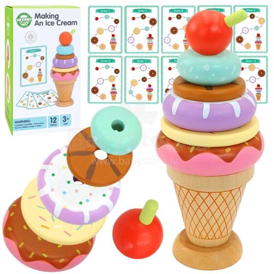 WOOPIE GREEN medinė ledų Montessori dėlionė, 12 vnt. FSC