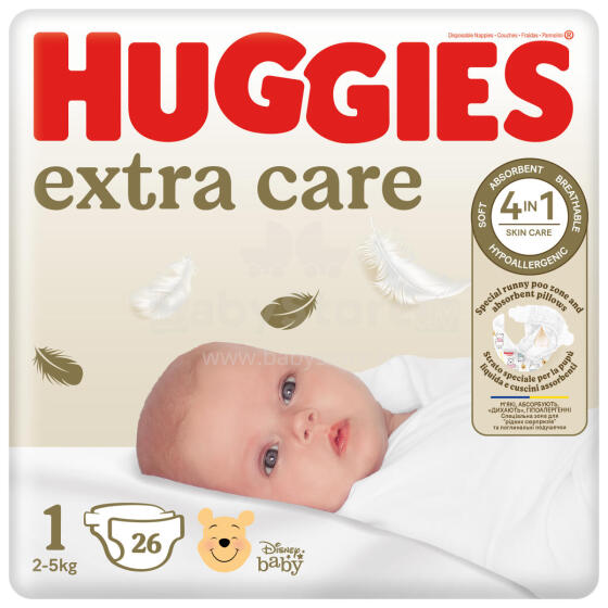 Huggies Extra Care 1 Art.BL041564876 sauskelnės naujagimiams 2-5kg 26vnt