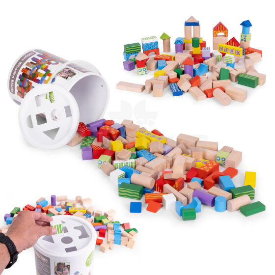 Mediniai blokai vaikams, 100 vnt., rūšiavimo kibiras ECOTOYS