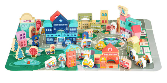 Mediniai edukaciniai blokai miesto kilimėlis 121 vnt ECOTOYS
