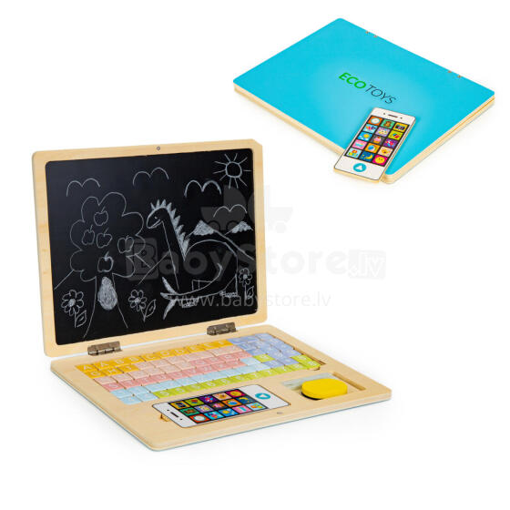 Medinis magnetinis edukacinis nešiojamas kompiuteris su telefonu ir raidėmis ECOTOYS
