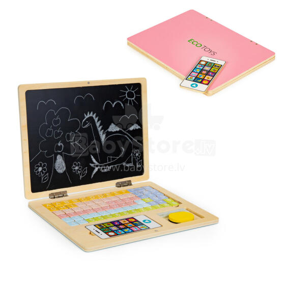 Medinis magnetinis edukacinis juodasis kompiuteris su telefonu ir raidėmis ECOTOYS
