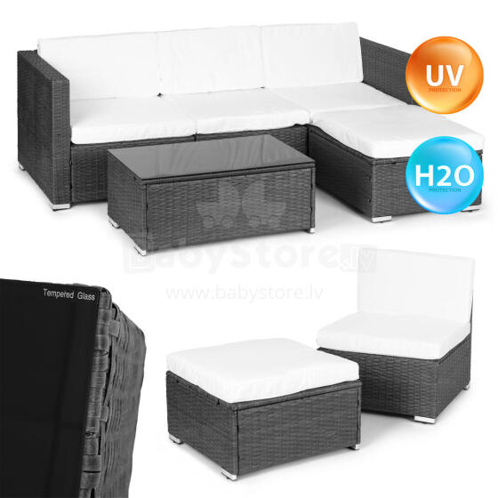 Sodo baldų komplektas su rataniniu apdailu – modulinis kampinis sofa ir stalas Grey MultiGarden