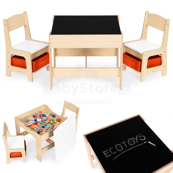 Vaikų baldų komplektas – Stalas + 2 kėdės su kreida ECOTOYS
