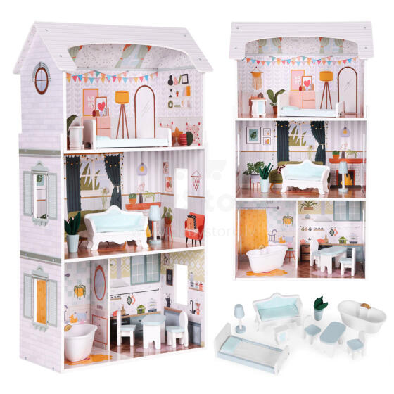 Alice lėlių namelis – 3 aukštai, 4 kambariai, rinkinys su 9 baldų detalėmis ECOTOYS