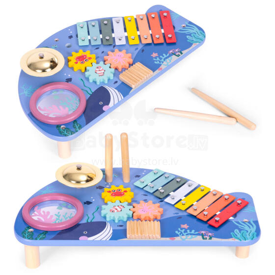 Muzikos instrumentų stalas su ksilofonu, būgnu, tamburinu ir šakeriu, jūros tema ECOTOYS