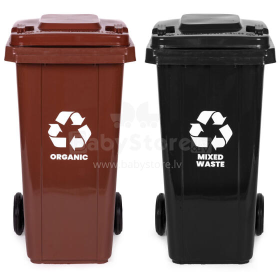 2 šiukšlių dėžių rinkinys 2x120L juoda ruda mišrioms BIO atliekoms guminių ratų
