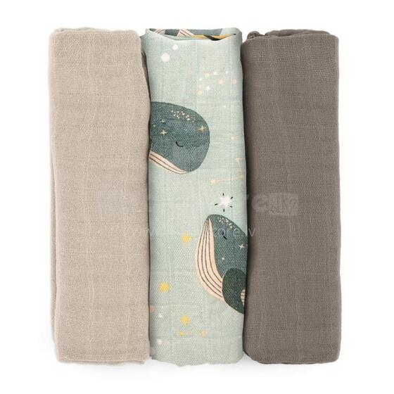 PETITE&MARS 415368 Bambuko Muslino Sauskelnės Rinkinys 3 vnt 68x68 cm Banginio Daina