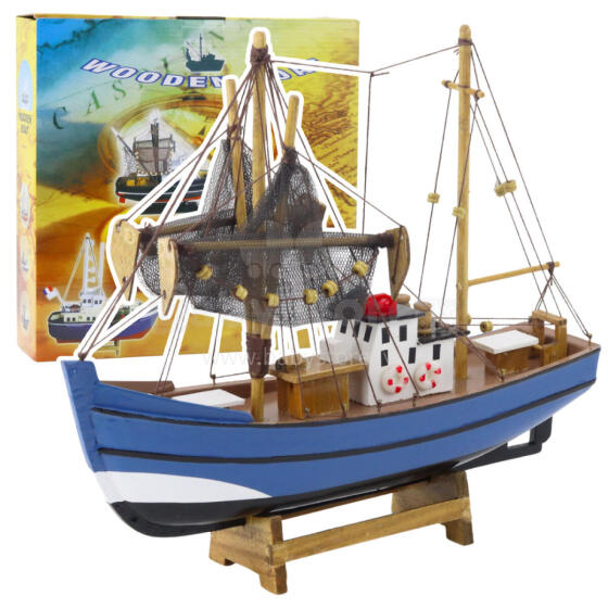 Kolekcinis dekoratyvinis modelis žvejybos laivo laivas mėlynas 30x26cm
