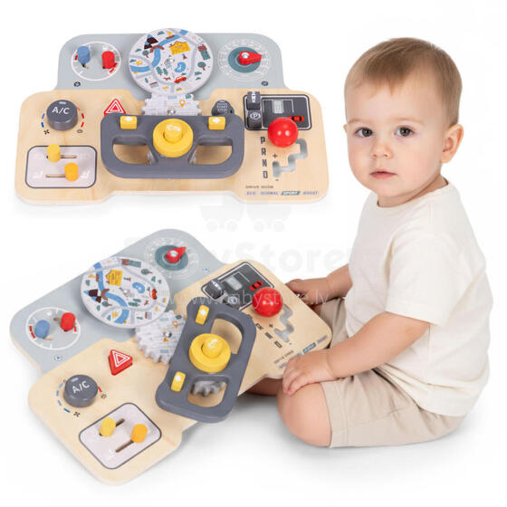 Medinė sensorinė užimtumo lenta vaikams, edukacinis panelis, automobilio vairas, 15 dalių ECOTOYS