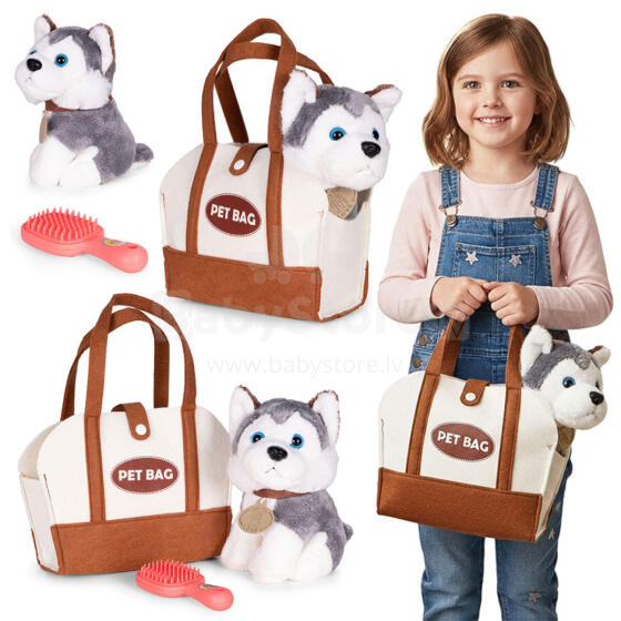 Pliušinis šuniukas krepšyje Husky žaislas vaikams + šukavimo šepetys