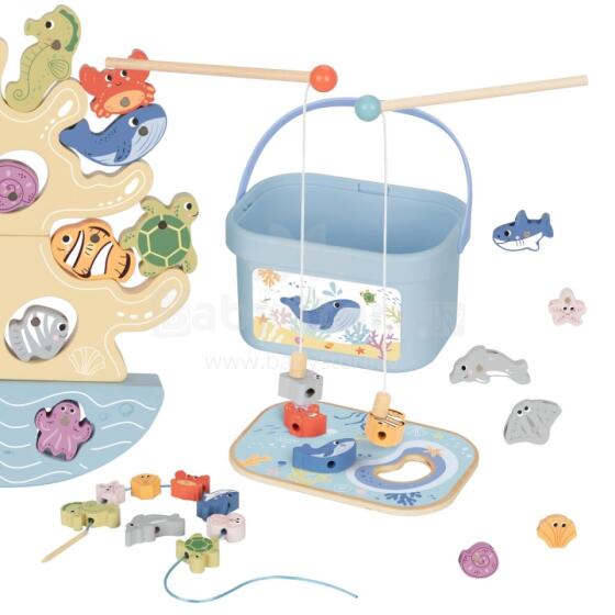 TOOKY TOY Medinis jūrinių žaislų rinkinys Balansavimo bokštas Žvejybos figūros 23 elementai