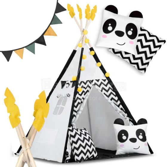 Tipi palapinė vaikams su girlianda ir šviesomis Nukido juoda ir balta su panda