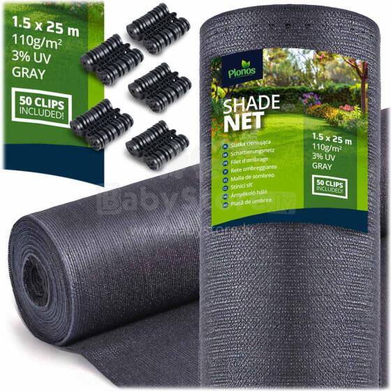 Šešėlio tinklas 1.5x25m 110g/m2 + 50 spaustukų pilkas