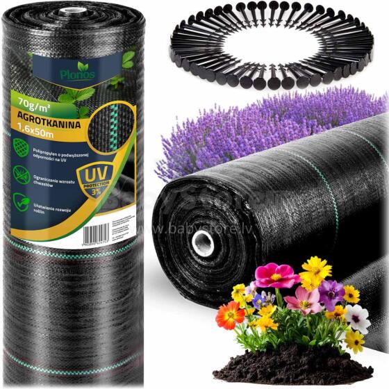 Garden agro cloth 1.6 m x 50 m 70 g/m2 + 50 stakes Plonos - black