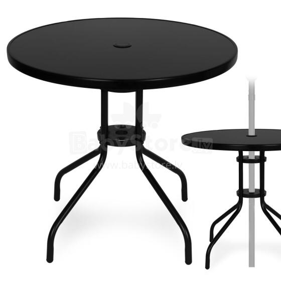 Apvalus 80 cm lauko stalas, grūdintas stiklas, skylė skėčiui, juodas MultiGarden