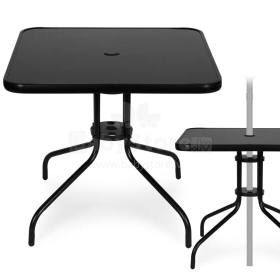 Kvadratinis lauko stalas 80 cm grūdintas stiklas su skyle parasoliui juodas MultiGarden