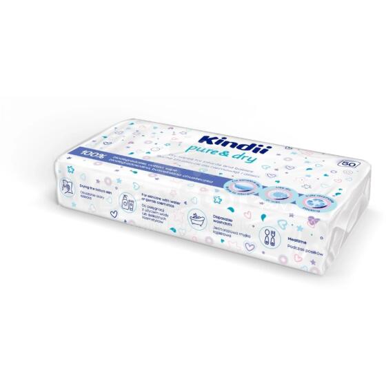 Sausos servetėlės ​​kūdikiams Kindii Pure&amp;amp;Dry 50 vnt. 20x20cm