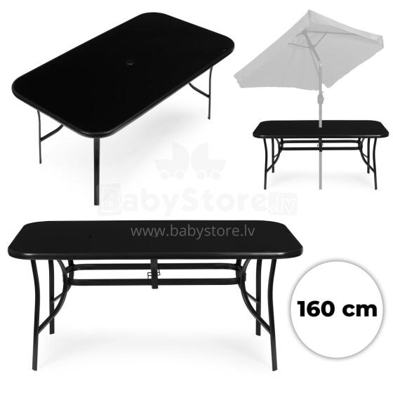 Stalas lauko 160x90 cm grūdintas stiklas su skylute skėčiui juodas MultiGarden