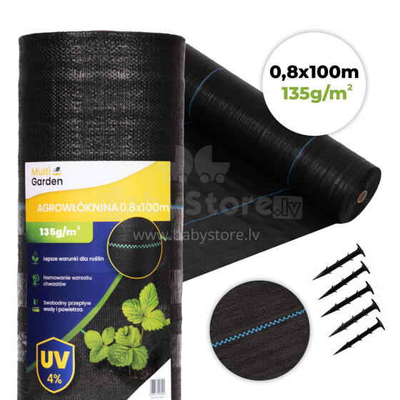 Black UV-resistant agro fabric 135 g/m² weed control mat 0.8×100 m, pins, MultiGarden