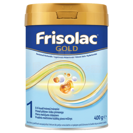 Frisolac® Gold 1 New Formula Art.287200 skirtas maistui vartoti kūdikiams nuo 0 iki 6 mėnesių. 400 g