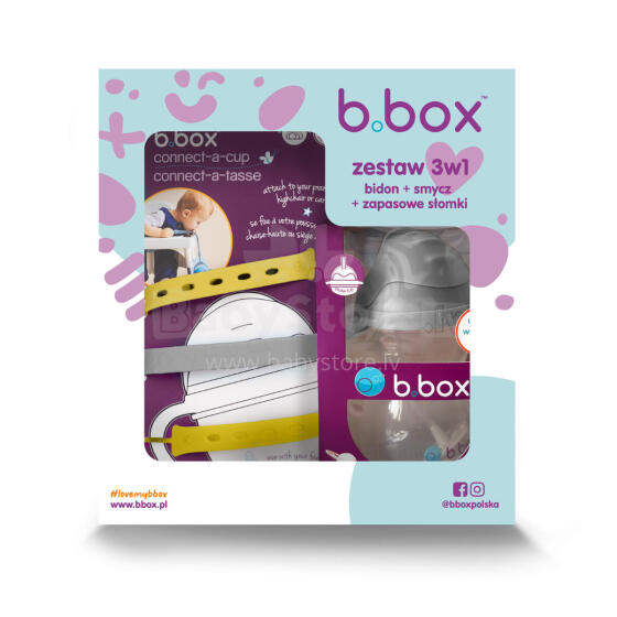 B.BOX 62627 Pradžios rinkinys 3in1 - Butelis su šiaudeliu 240ml pilkas + Citrinų sorbeto virvutė + Atsarginiai šiaudeliai