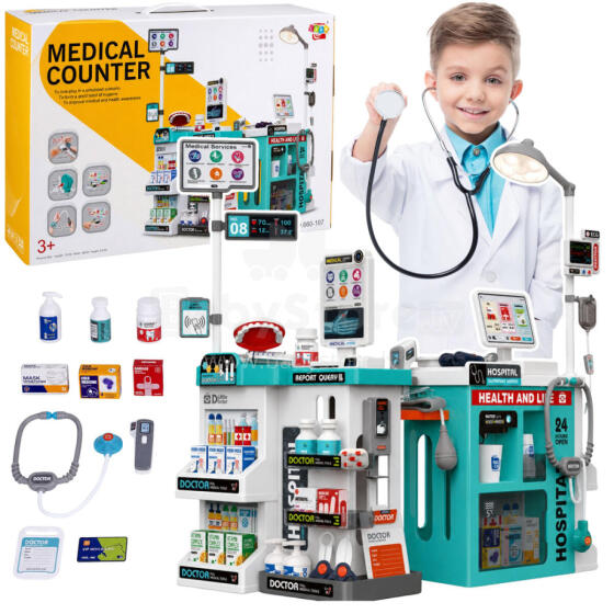 Didelis medicinos rinkinys Medicinos stalas Daktaro šviesos garsai priedai 77 vnt.