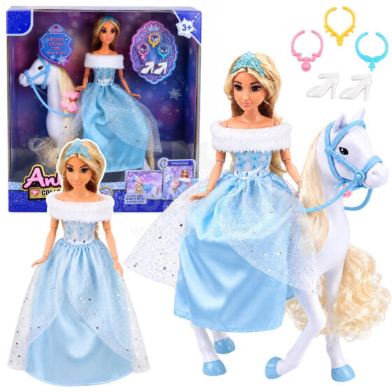 Anlily lėlė ant balto arkliuko princesė mėlynu suknelė