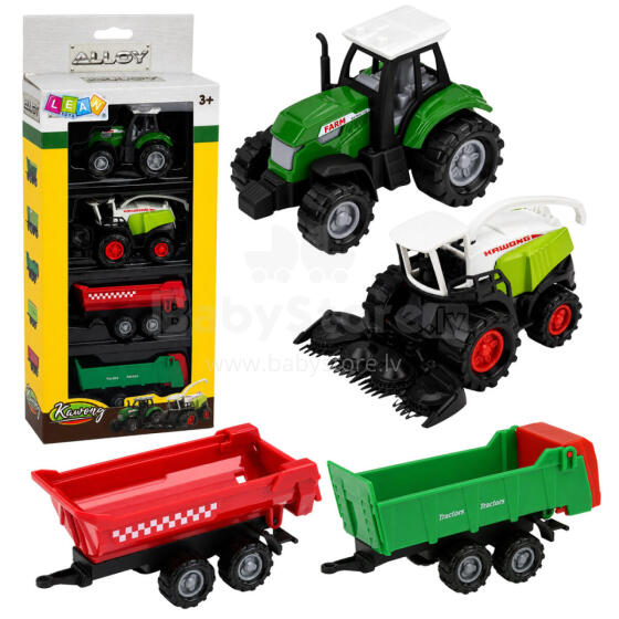 Žemės ūkio transporto priemonių rinkinys: traktorius, pašarų kombainas, priekabos, transportas 1:68 4 vnt.