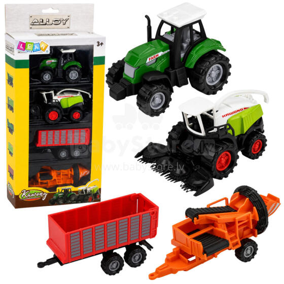 Žemės ūkio transporto priemonių rinkinys: traktorius, pašarų kombainas, priekaba, presas 1:68 4 vnt.