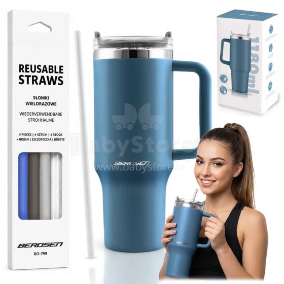 Vacuum thermos mug with straw set 1180 ml Berdsen navy blue