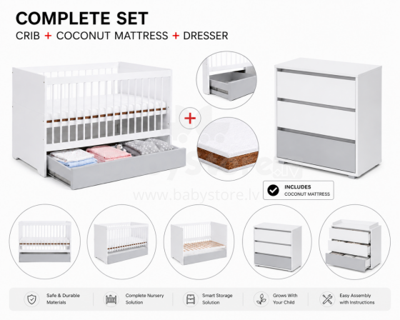 Klups Dalia Set Art.299159 White/Grey Medinė vaikiška lovelė (120x60 cm) be stalčiaus daiktams + kokoso pluošto čiužinys (120x60x8 cm)+komoda