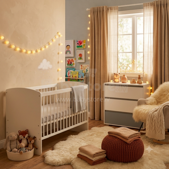 Klups Dalia Karol LUX Set Art.DK299155 Medinė vaikiška lovelė (120x60 cm) be stalčiaus daiktams + kokoso pluošto čiužinys (120x60x8 cm)+komoda