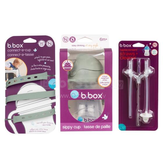 B.BOX 62450 Pradžios rinkinys 3-in-1 butelis su šiaudeliu 240ml + virvutė + pakeičiami šiaudeliai Sage