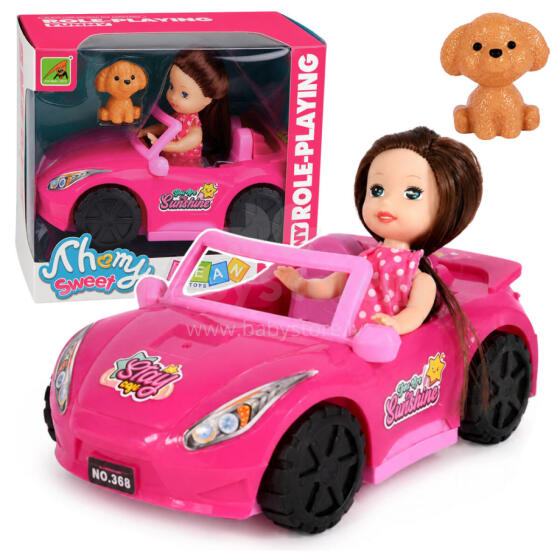 Mini lėlė kabrioletu su šunelio figūrėle rožinė