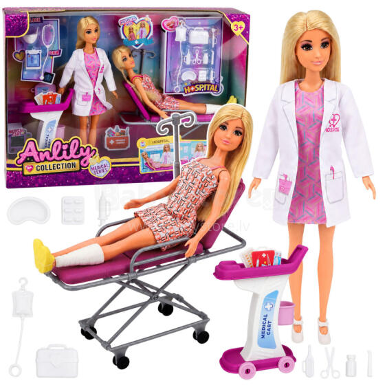 Anlily gydytojo ir paciento lėlė, ligoninės lova, medicininis vežimėlis, priedai