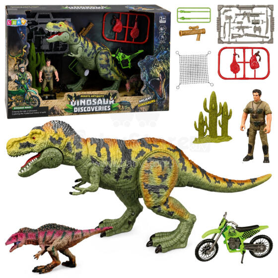 Dinozaurų rinkinys T-Rex judantis medžiotojas motociklo priedai garsai