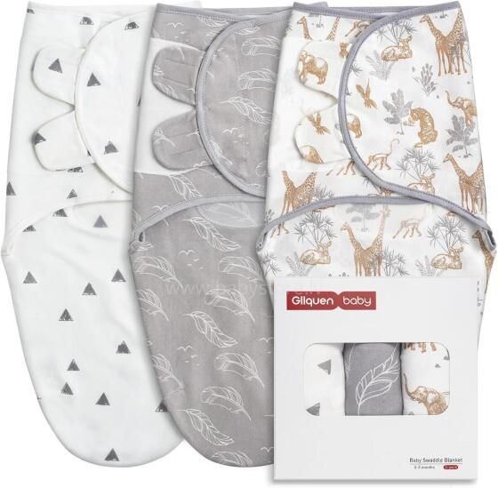 Gllquen Swaddle Set Art.300520 Jungle Medvilninis vystyklas patogiam miegui; tinka vynioti 3,2–6,4 kg svorio kūdikius,3 psc