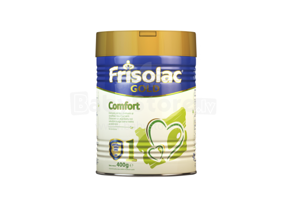 Dirbtinio pieno mišinys „Frisolac Gold Comfort 1“, skirtas maistui vartoti kūdikiams nuo 0 iki 6 mėnesių. 400 g