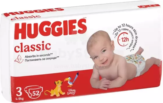 Huggies Classic Jumbo Art.4127 Kūdikių sauskelnės, 3 dydis, 4-9 kg, 52 vnt.