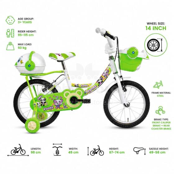 Esperia Kids Bike Panda White/Green 14' Art.9770 Vaikiškas dviratis su pripučiamais ratais ir plieniniu rėmu