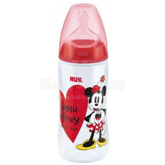 „Nuk First Choice Red Minnie Art.SK76“ plastikinis butelis su plokščiu kaklu ir silikoniniu čiulptuku pienui, 2 dydis (6-18 mėn.) 300 ml